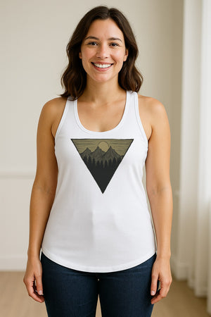 Geometric Moon and Mountain Women's Racerback Tank Top, Outdoor Adventure Landscape Design
