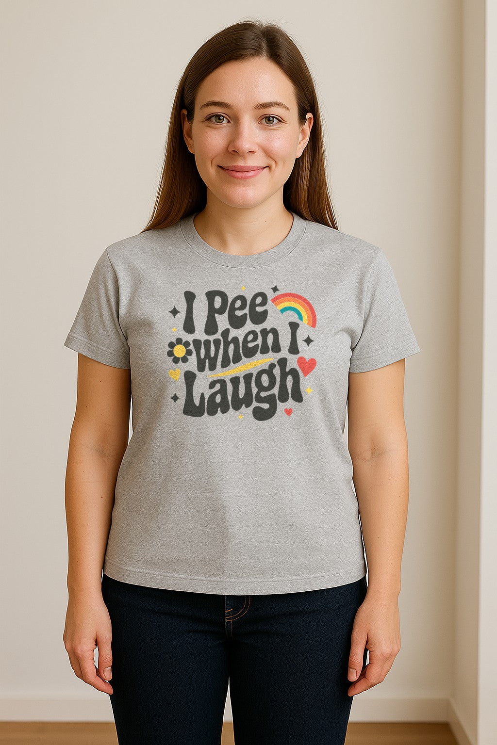 Funny Mom T-Shirt, I Pee When I Laugh Retro Rainbow Flower Graphic Gift