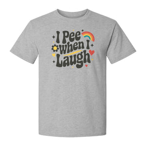 Funny Mom T-Shirt, I Pee When I Laugh Retro Rainbow Flower Graphic Gift