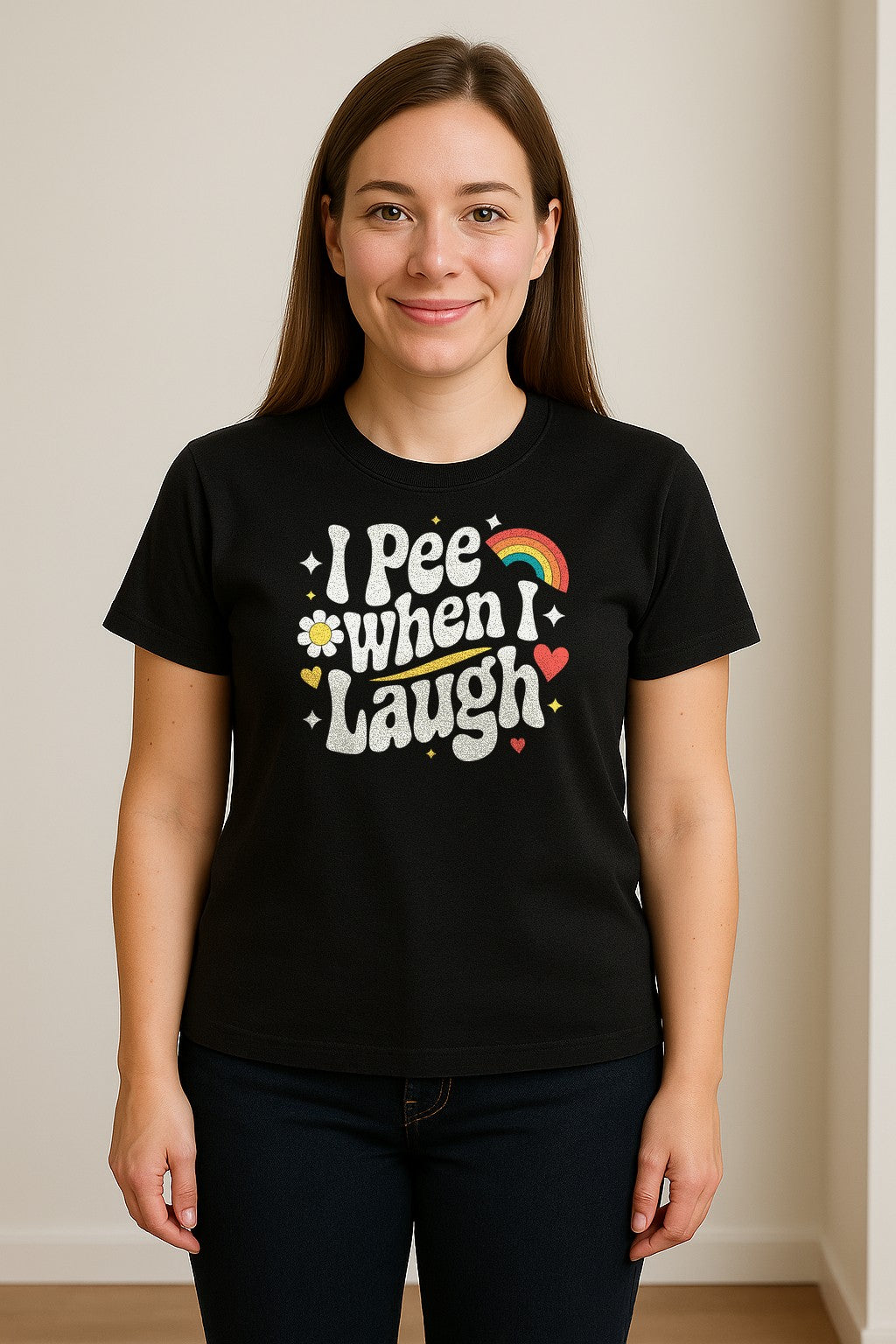 Funny Mom T-Shirt, I Pee When I Laugh Retro Rainbow Flower Graphic Gift