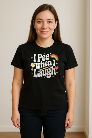 Funny Mom T-Shirt, I Pee When I Laugh Retro Rainbow Flower Graphic Gift