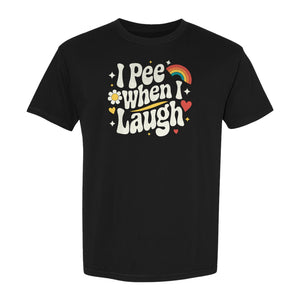Funny Mom T-Shirt, I Pee When I Laugh Retro Rainbow Flower Graphic Gift