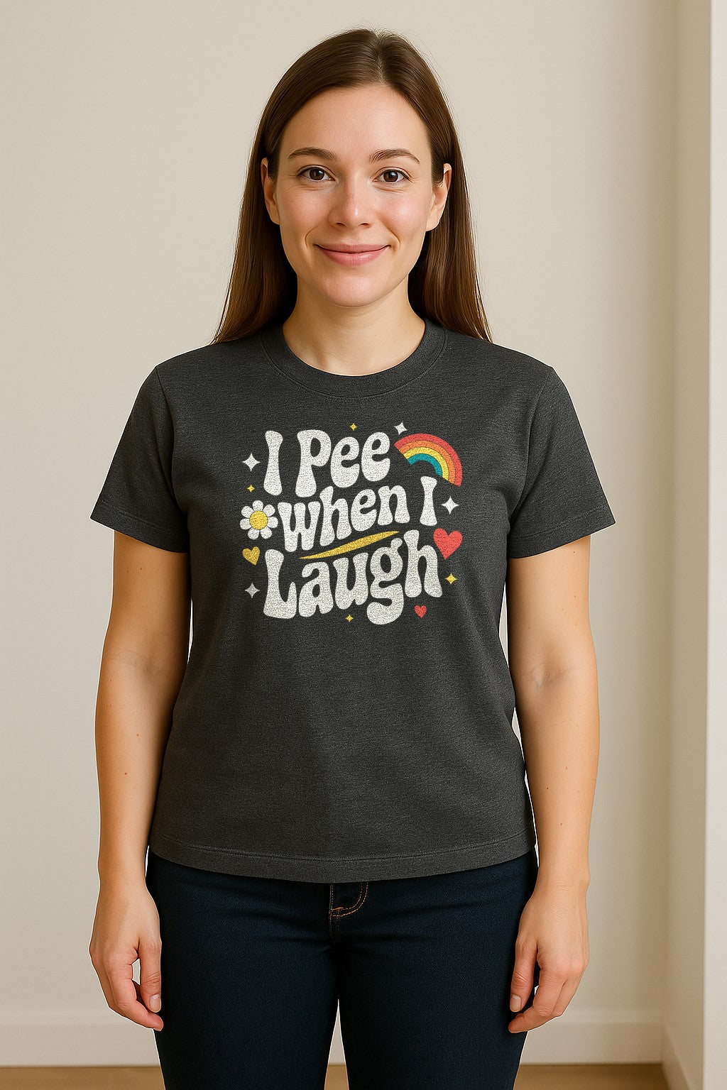 Funny Mom T-Shirt, I Pee When I Laugh Retro Rainbow Flower Graphic Gift