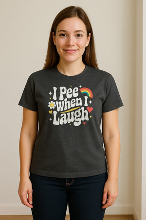 Funny Mom T-Shirt, I Pee When I Laugh Retro Rainbow Flower Graphic Gift