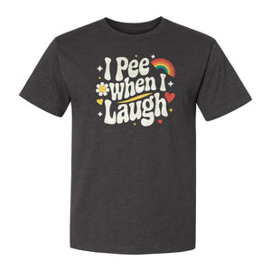 Funny Mom T-Shirt, I Pee When I Laugh Retro Rainbow Flower Graphic Gift
