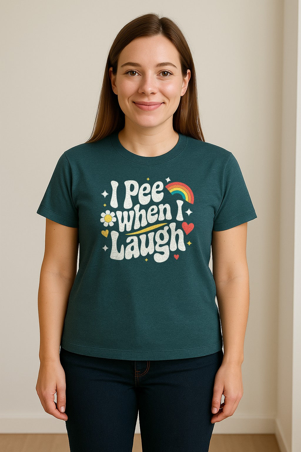 Funny Mom T-Shirt, I Pee When I Laugh Retro Rainbow Flower Graphic Gift