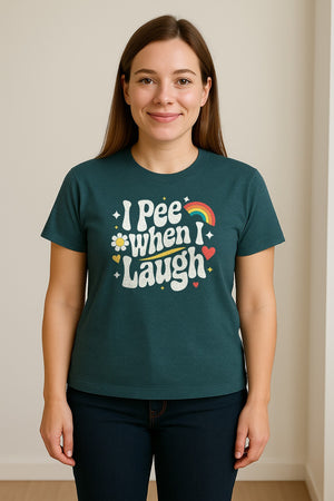Funny Mom T-Shirt, I Pee When I Laugh Retro Rainbow Flower Graphic Gift