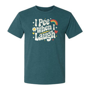 Funny Mom T-Shirt, I Pee When I Laugh Retro Rainbow Flower Graphic Gift