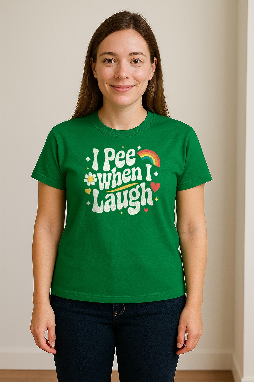 Funny Mom T-Shirt, I Pee When I Laugh Retro Rainbow Flower Graphic Gift