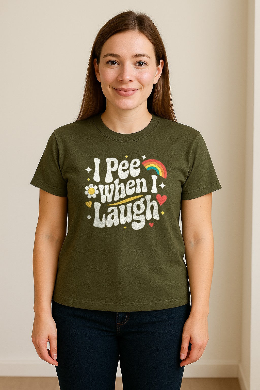Funny Mom T-Shirt, I Pee When I Laugh Retro Rainbow Flower Graphic Gift