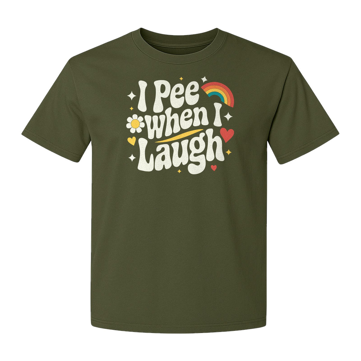 Funny Mom T-Shirt, I Pee When I Laugh Retro Rainbow Flower Graphic Gift