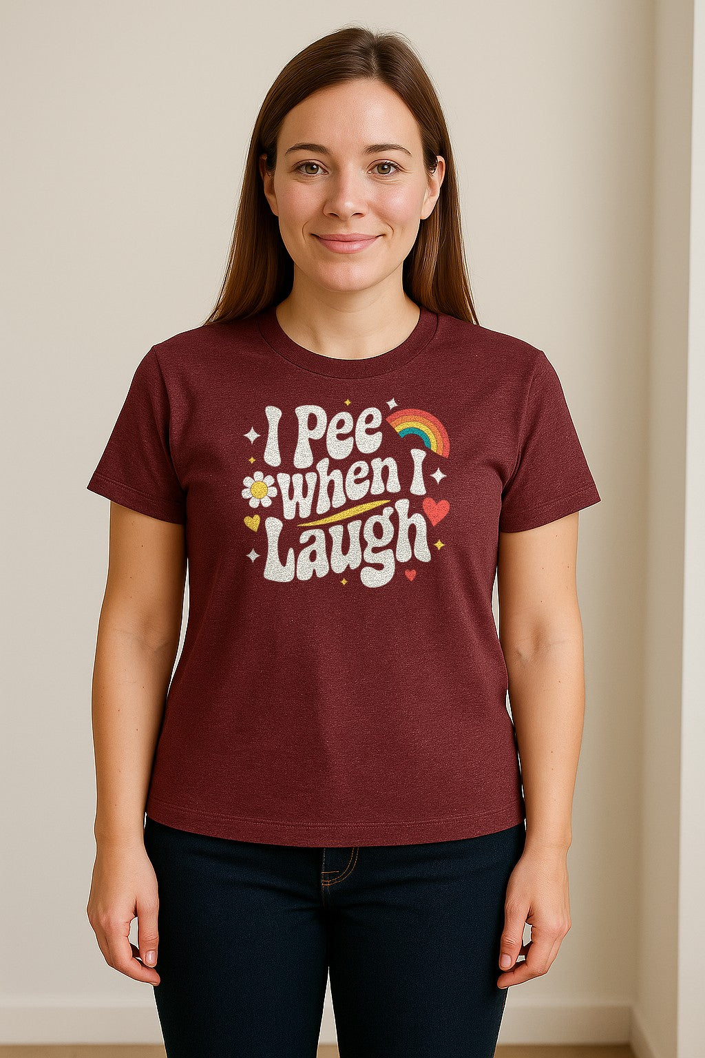 Funny Mom T-Shirt, I Pee When I Laugh Retro Rainbow Flower Graphic Gift