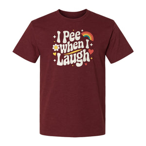 Funny Mom T-Shirt, I Pee When I Laugh Retro Rainbow Flower Graphic Gift