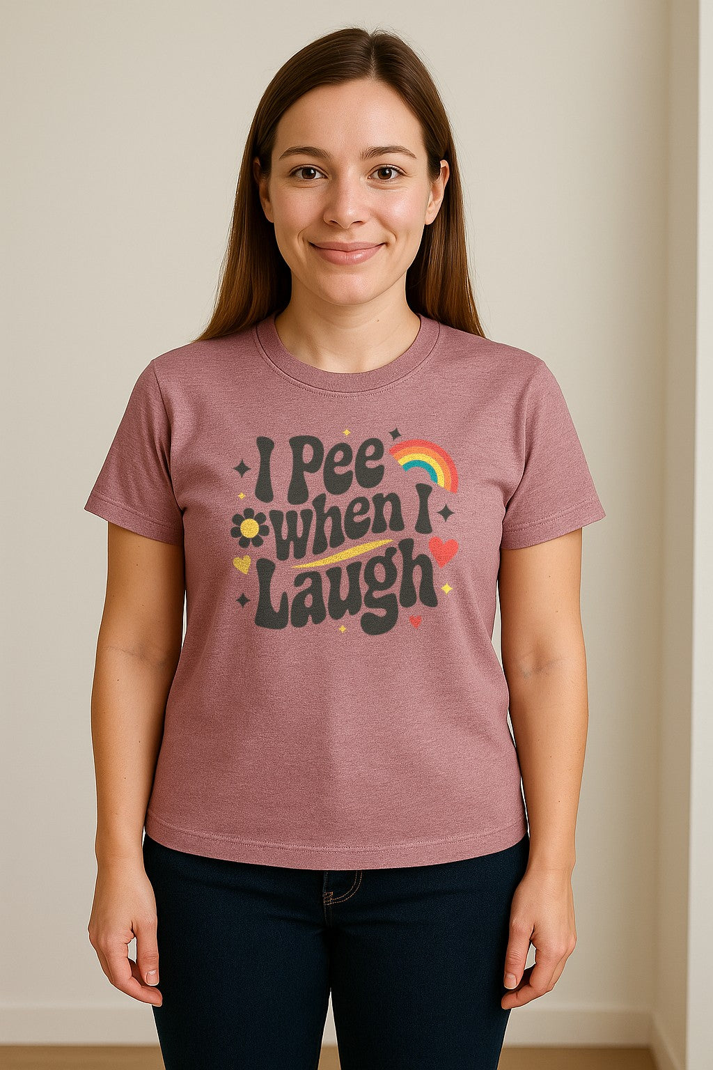 Funny Mom T-Shirt, I Pee When I Laugh Retro Rainbow Flower Graphic Gift