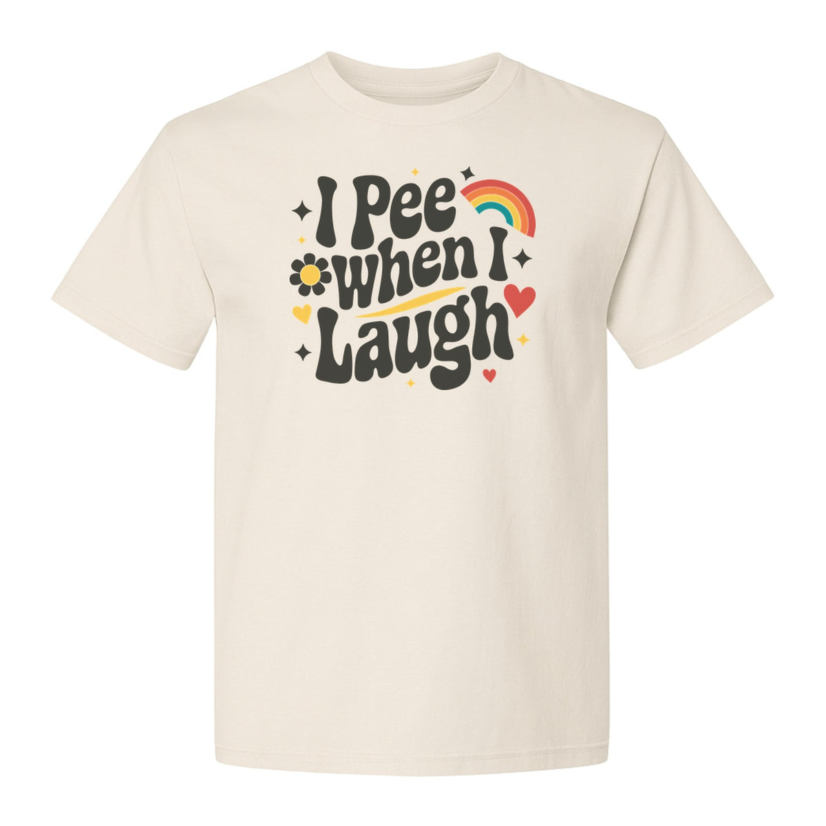 Funny Mom T-Shirt, I Pee When I Laugh Retro Rainbow Flower Graphic Gift