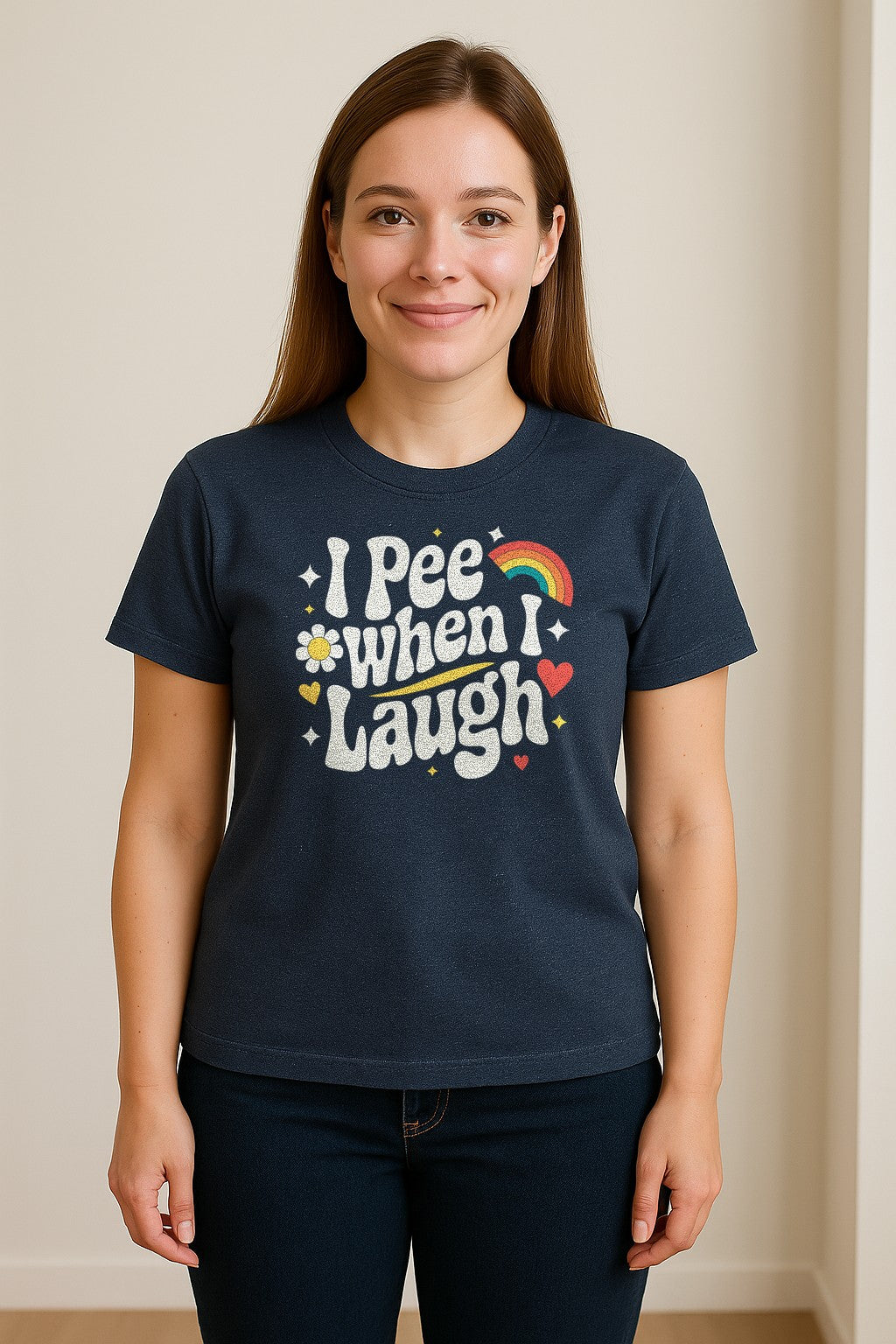 Funny Mom T-Shirt, I Pee When I Laugh Retro Rainbow Flower Graphic Gift