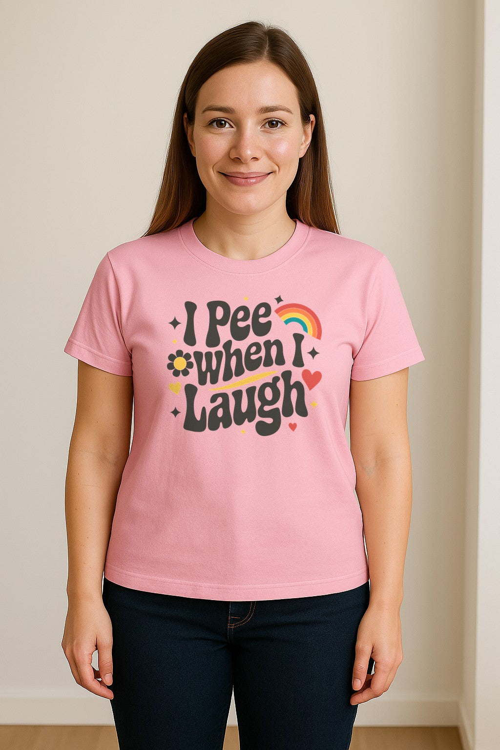 Funny Mom T-Shirt, I Pee When I Laugh Retro Rainbow Flower Graphic Gift