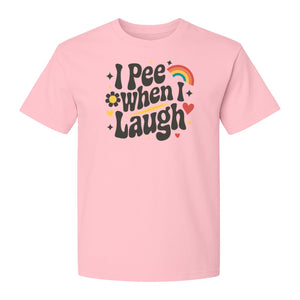 Funny Mom T-Shirt, I Pee When I Laugh Retro Rainbow Flower Graphic Gift