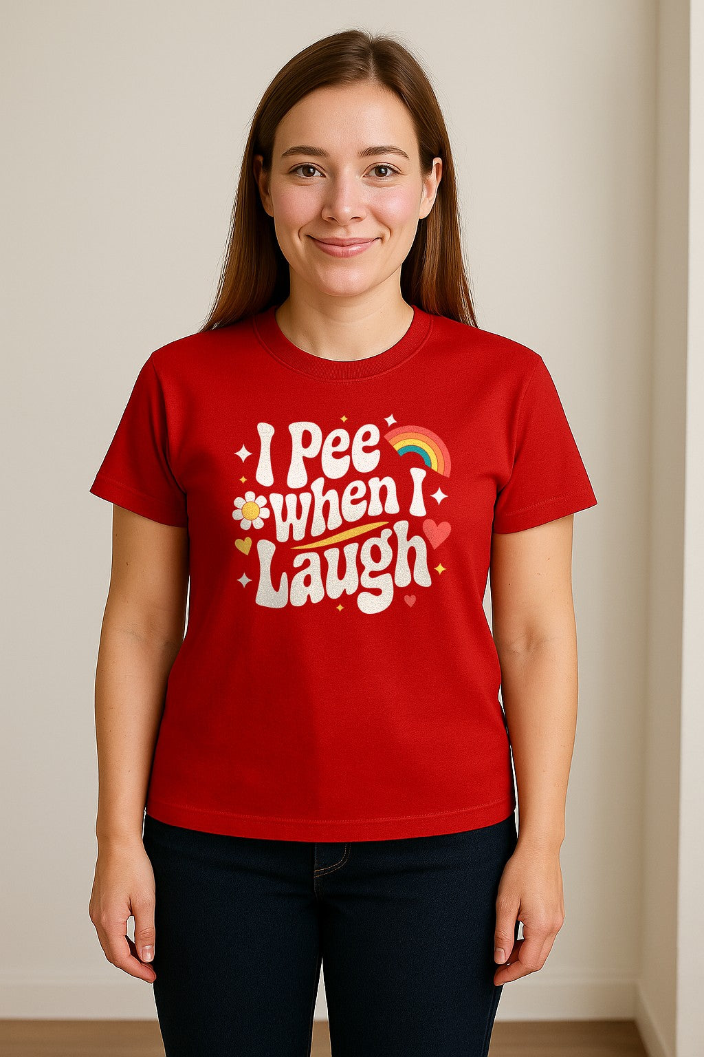 Funny Mom T-Shirt, I Pee When I Laugh Retro Rainbow Flower Graphic Gift
