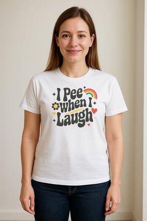 Funny Mom T-Shirt, I Pee When I Laugh Retro Rainbow Flower Graphic Gift