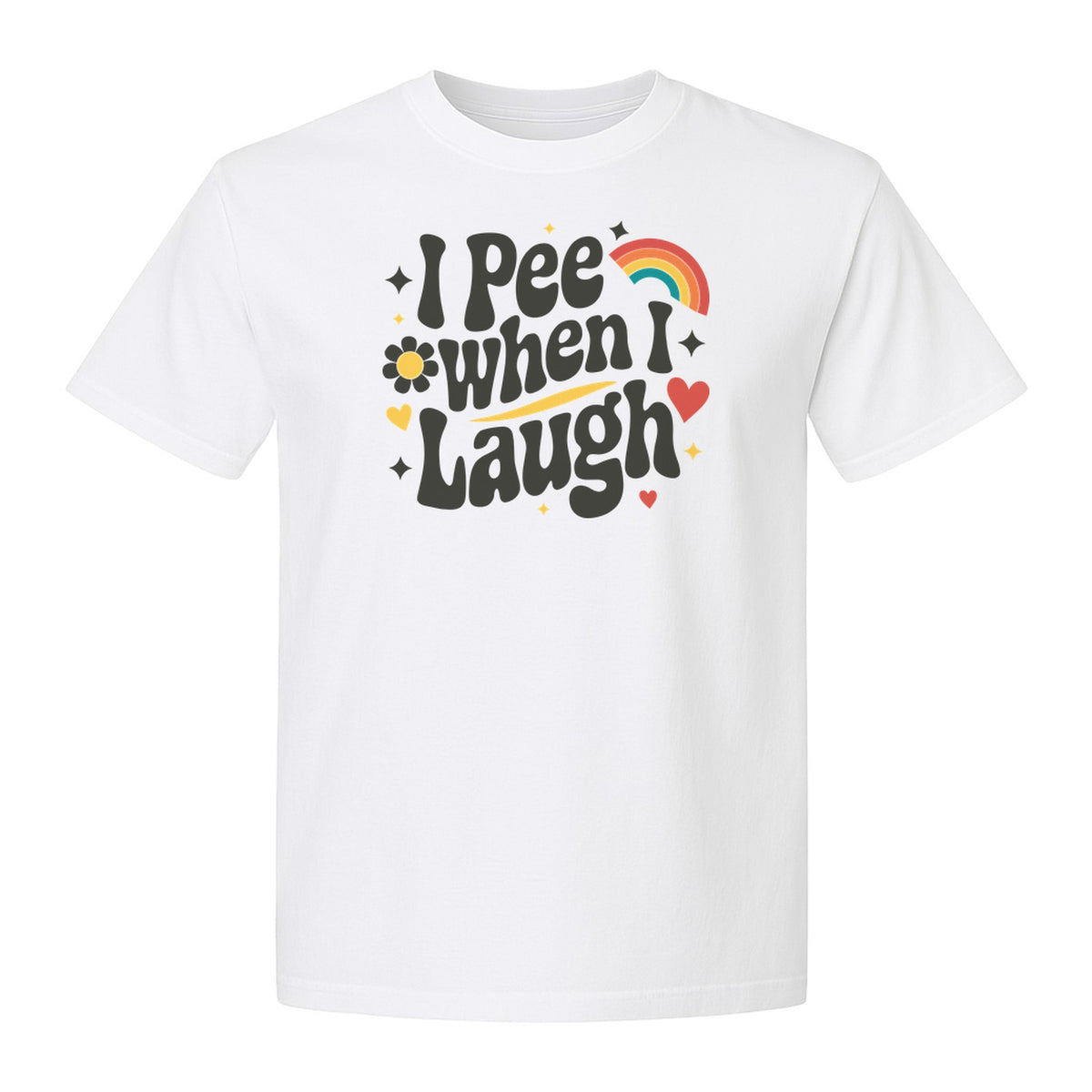 Funny Mom T-Shirt, I Pee When I Laugh Retro Rainbow Flower Graphic Gift
