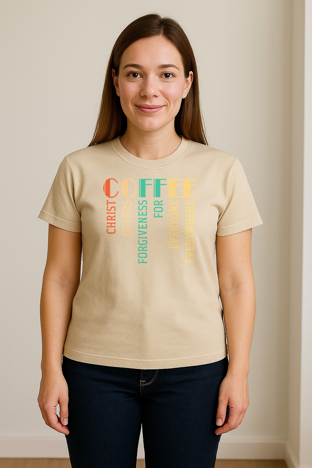 Christian Coffee T-Shirt, Christ Offers Forgiveness for Everyone Everywhere Faith Gift