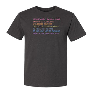 Jesus Taught Radical Love Christian T-Shirt, Inclusive Faith Message in Rainbow Lettering