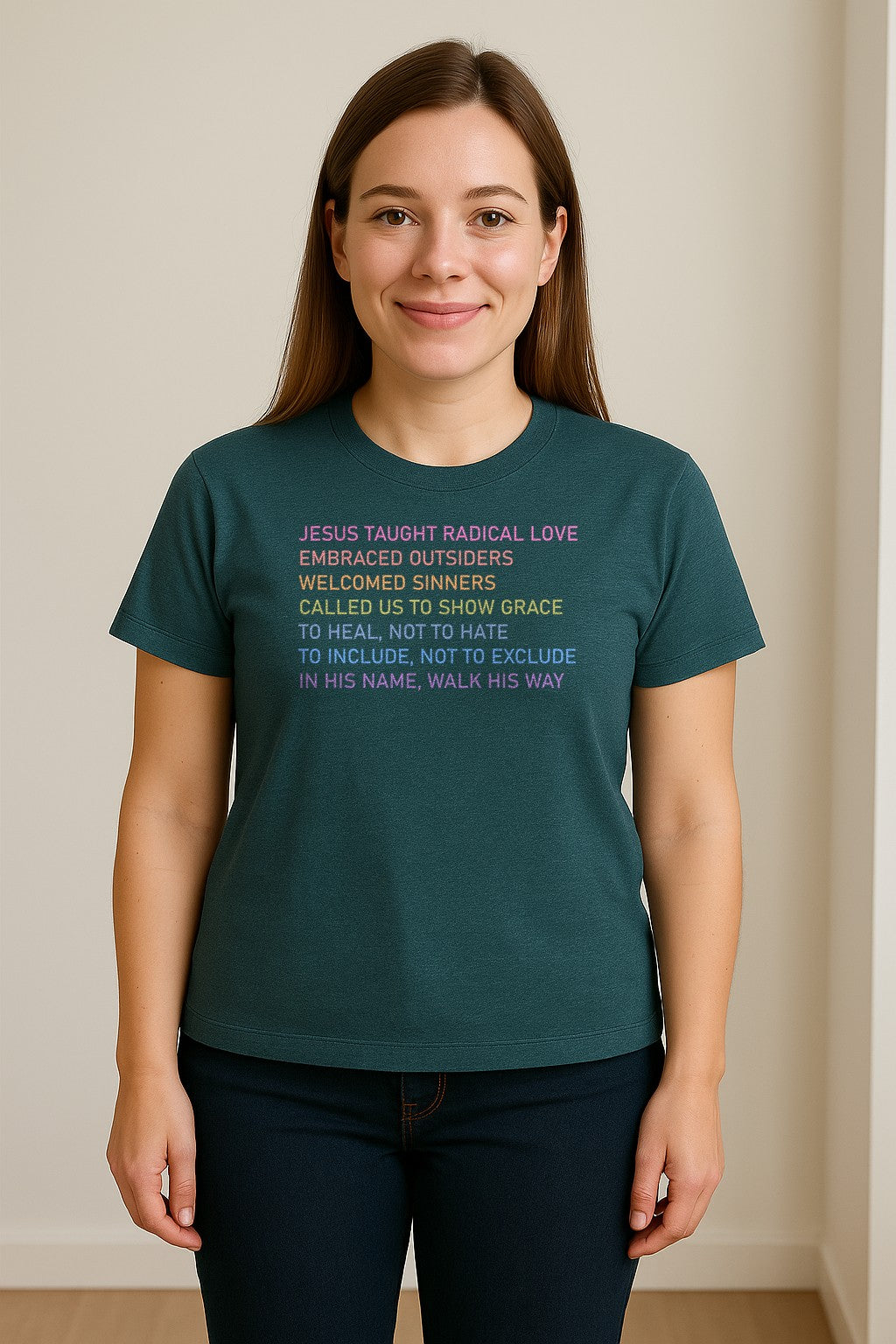 Jesus Taught Radical Love Christian T-Shirt, Inclusive Faith Message in Rainbow Lettering