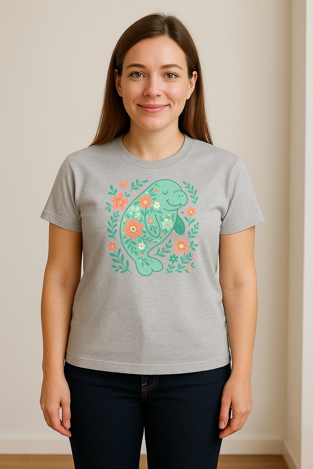 Manatee T-Shirt, Floral Sea Cow Graphic for Beach Lovers and Summer Vacations