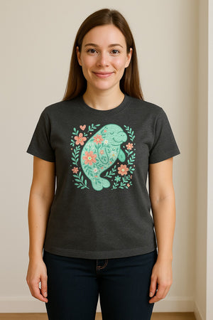 Manatee T-Shirt, Floral Sea Cow Graphic for Beach Lovers and Summer Vacations