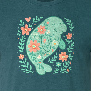 Manatee T-Shirt, Floral Sea Cow Graphic for Beach Lovers and Summer Vacations