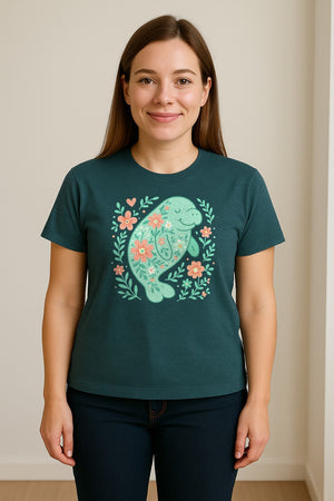 Manatee T-Shirt, Floral Sea Cow Graphic for Beach Lovers and Summer Vacations