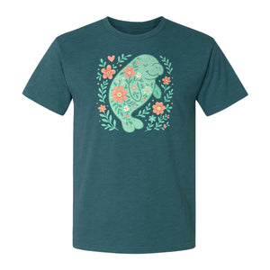 Manatee T-Shirt, Floral Sea Cow Graphic for Beach Lovers and Summer Vacations