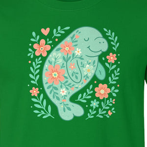 Manatee T-Shirt, Floral Sea Cow Graphic for Beach Lovers and Summer Vacations