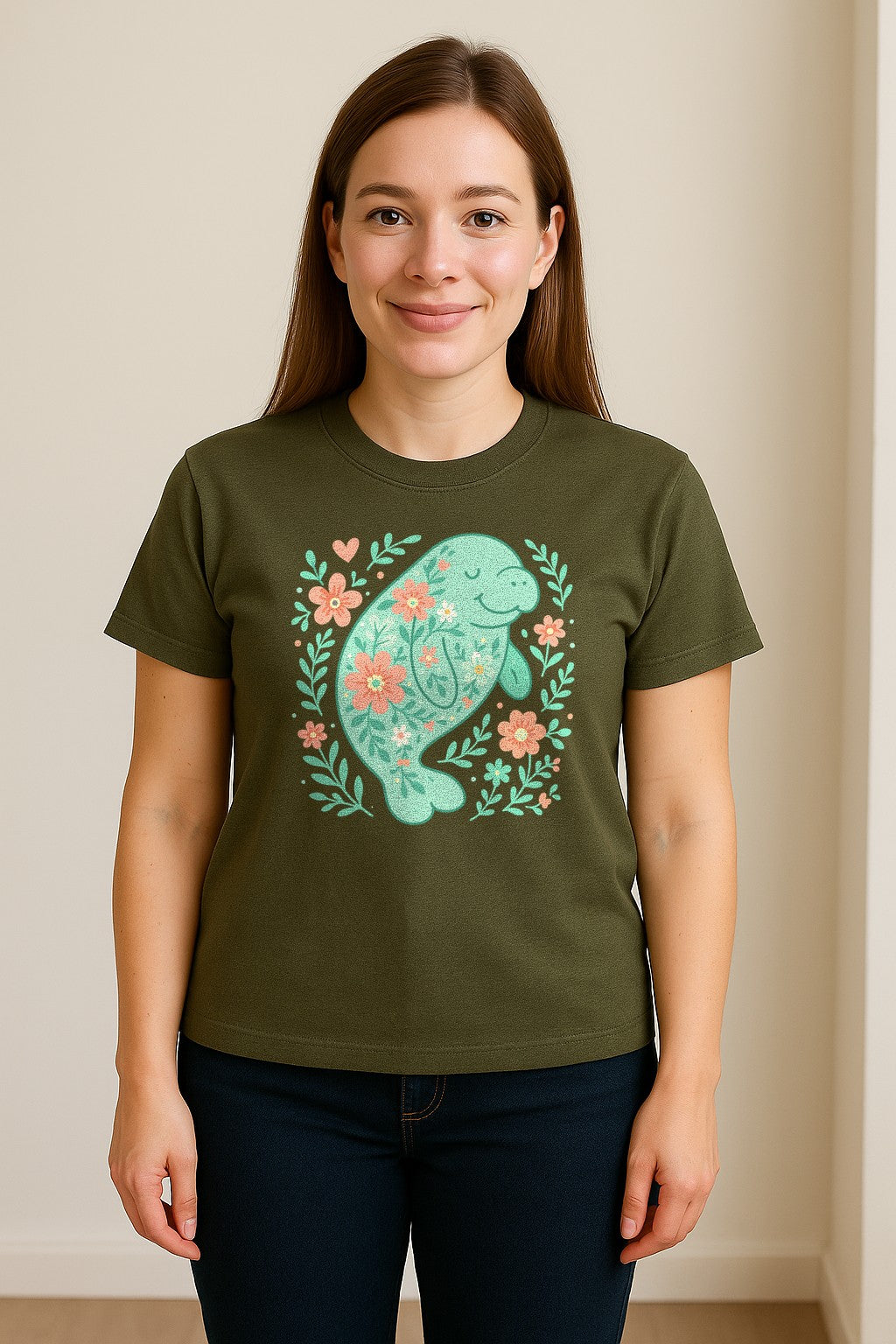 Manatee T-Shirt, Floral Sea Cow Graphic for Beach Lovers and Summer Vacations