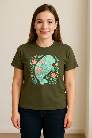 Manatee T-Shirt, Floral Sea Cow Graphic for Beach Lovers and Summer Vacations