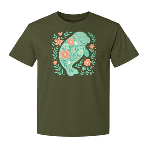 Manatee T-Shirt, Floral Sea Cow Graphic for Beach Lovers and Summer Vacations