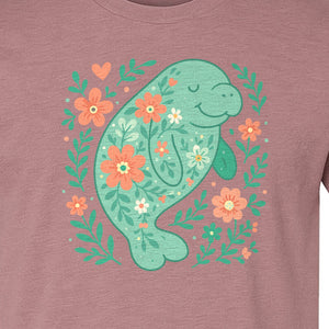 Manatee T-Shirt, Floral Sea Cow Graphic for Beach Lovers and Summer Vacations