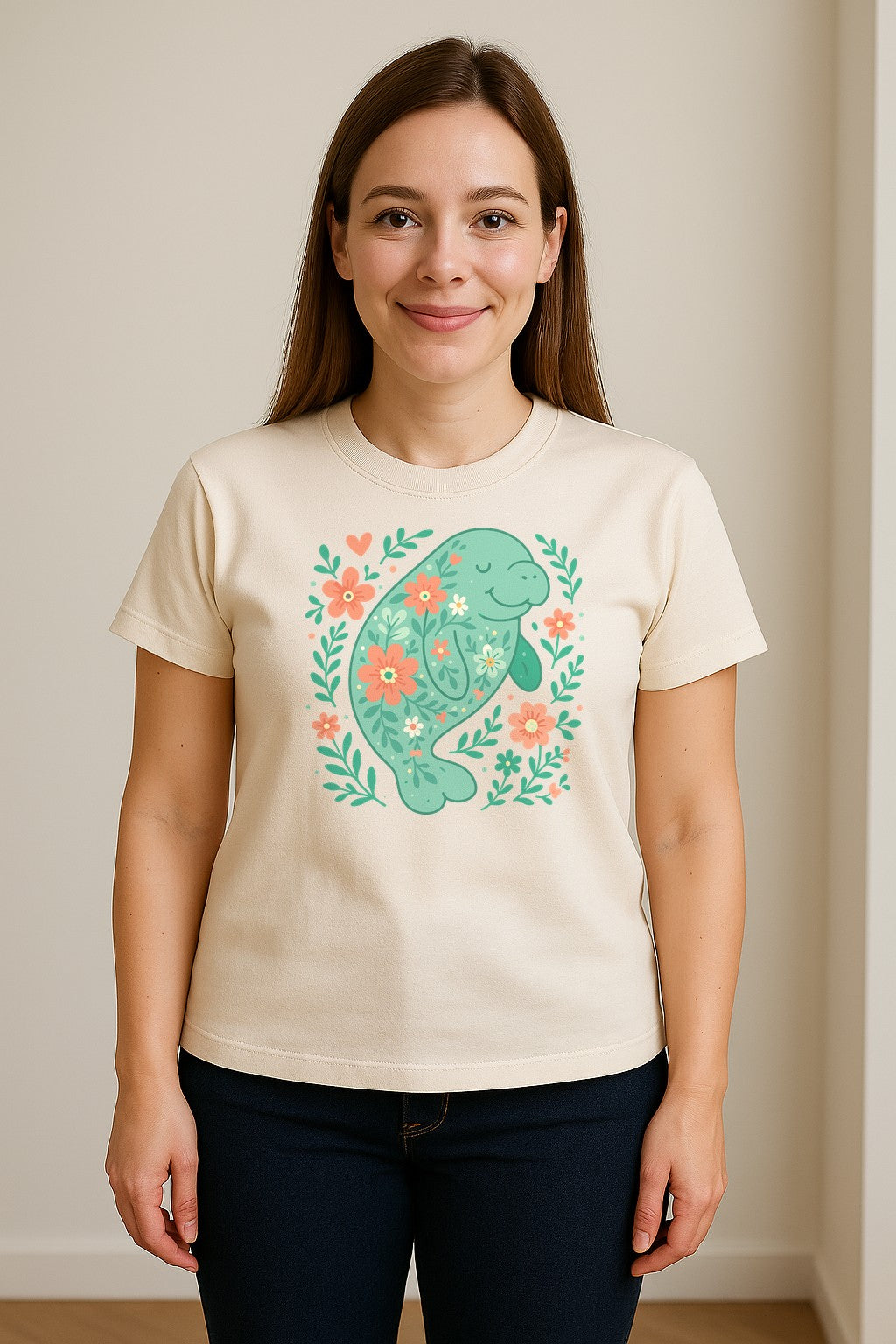 Manatee T-Shirt, Floral Sea Cow Graphic for Beach Lovers and Summer Vacations