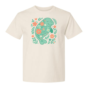 Manatee T-Shirt, Floral Sea Cow Graphic for Beach Lovers and Summer Vacations
