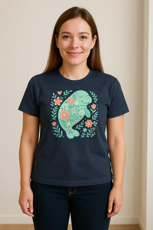 Manatee T-Shirt, Floral Sea Cow Graphic for Beach Lovers and Summer Vacations