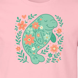 Manatee T-Shirt, Floral Sea Cow Graphic for Beach Lovers and Summer Vacations