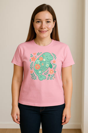 Manatee T-Shirt, Floral Sea Cow Graphic for Beach Lovers and Summer Vacations