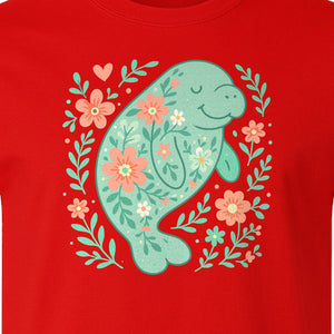 Manatee T-Shirt, Floral Sea Cow Graphic for Beach Lovers and Summer Vacations