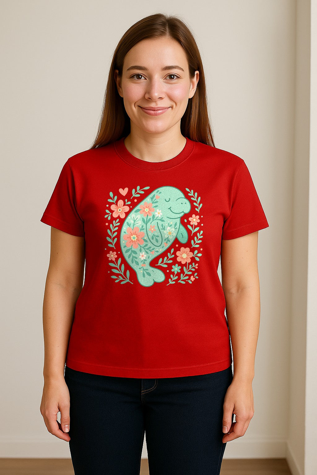 Manatee T-Shirt, Floral Sea Cow Graphic for Beach Lovers and Summer Vacations