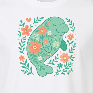 Manatee T-Shirt, Floral Sea Cow Graphic for Beach Lovers and Summer Vacations