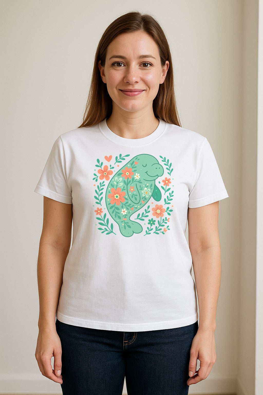 Manatee T-Shirt, Floral Sea Cow Graphic for Beach Lovers and Summer Vacations
