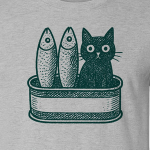 Cat T-Shirt with Sardines Tin Illustration, Funny Coastal Design for Kitty Lovers and Fish Fans