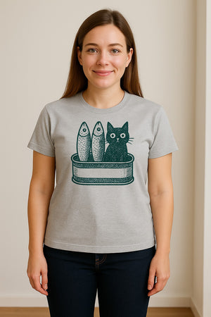 Cat T-Shirt with Sardines Tin Illustration, Funny Coastal Design for Kitty Lovers and Fish Fans