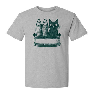 Cat T-Shirt with Sardines Tin Illustration, Funny Coastal Design for Kitty Lovers and Fish Fans
